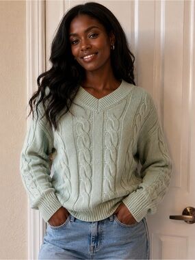 Burgess Cable Knit V-Neck Sweater NWT Sage Green Luxury Blend Cotton Cashmere